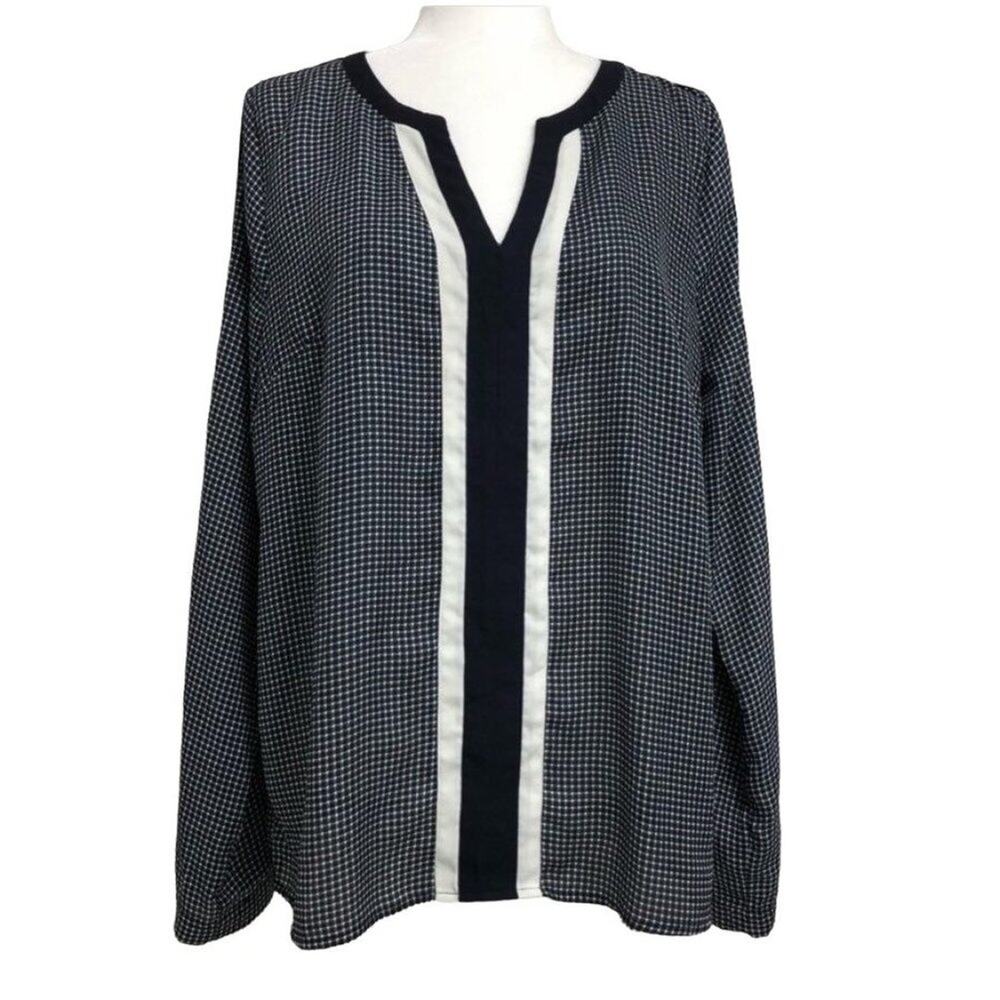 Skies Are Blue Navy Gingham Long Sleeve Blouse | Women's Size XL